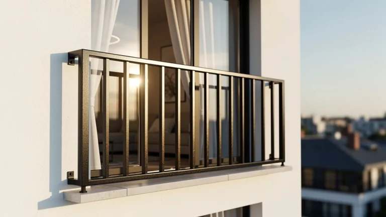 Garde corps pour fenêtre moderne en métal noir, installation sécurisée et design élégant sur façade d’appartement