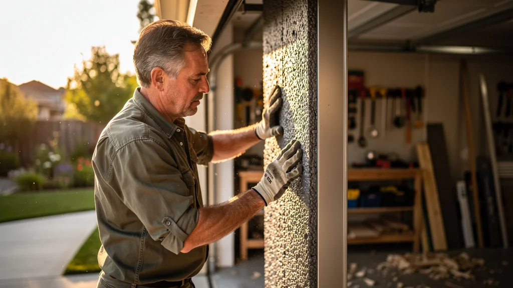 Isolant porte de garage en pose sur une porte métallique, rénovation habitat en lumière naturelle chaude