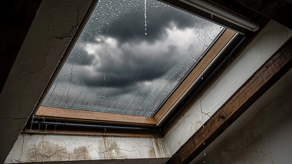 L'eau d'un orage coule le long d'une fenêtre de toit humide et embuée dans un grenier après la tempête