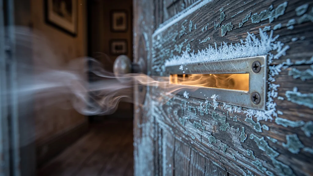 Fente de boîte aux lettres laissant passer le froid glacial à travers une porte en bois ancienne