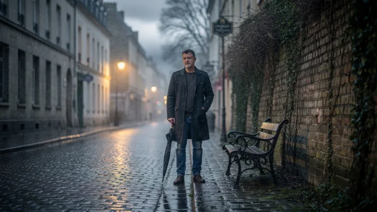 Scène urbaine maussade avec homme pensif sous la pluie au crépuscule, ambiance calme et mélancolique