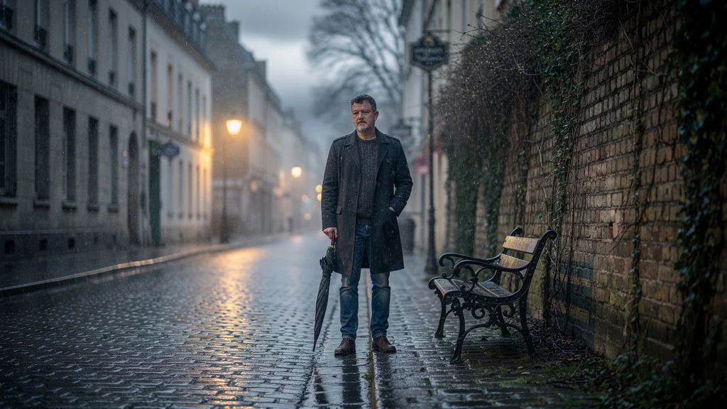 Scène urbaine maussade avec homme pensif sous la pluie au crépuscule, ambiance calme et mélancolique