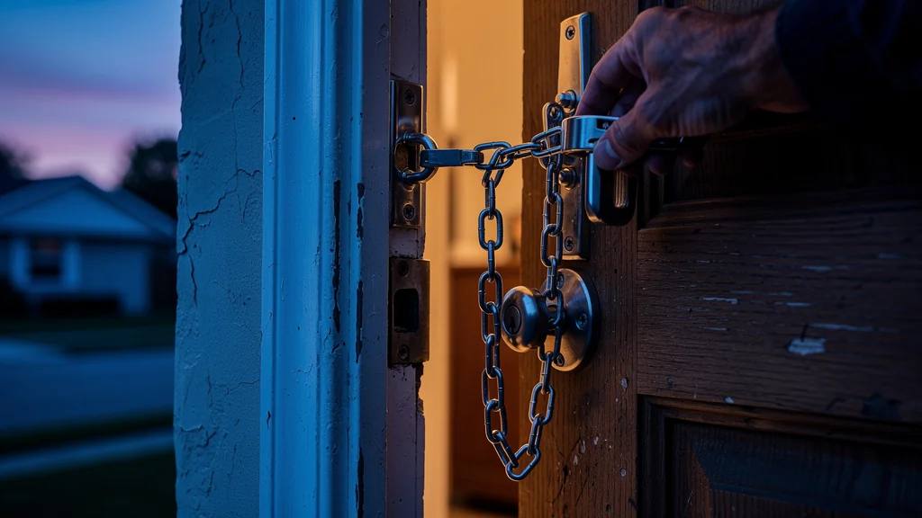 Entrebâilleur de porte à chaînette sécurisant une ouverture de porte en soirée, ambiance réaliste et chaleureuse