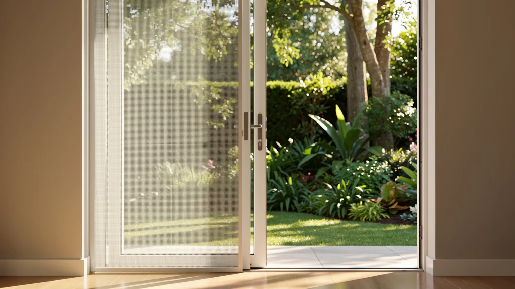 Moustiquaire porte fenêtre moderne ultra-fine dans salon lumineux donnant sur jardin verdoyant