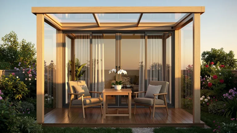 Petite véranda moderne en bois avec meubles minimalistes et lumière naturelle en fin d’après-midi