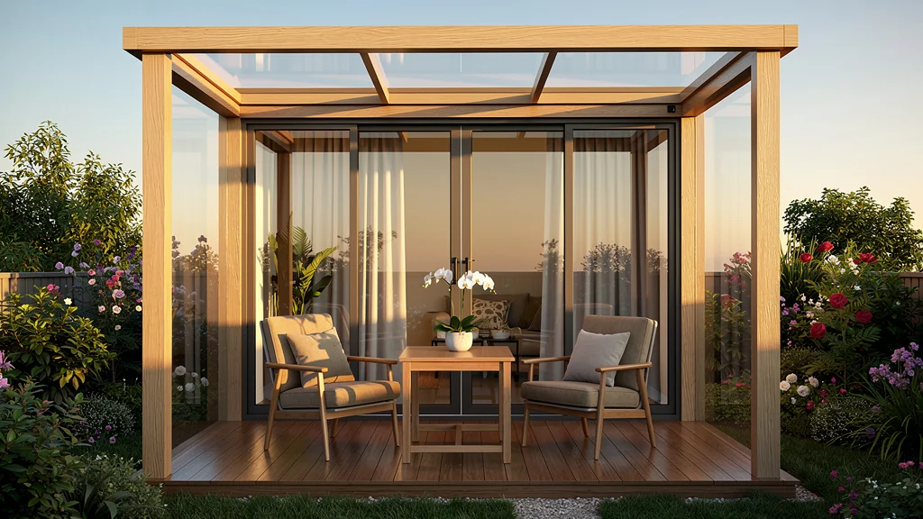 Petite véranda moderne en bois avec meubles minimalistes et lumière naturelle en fin d’après-midi