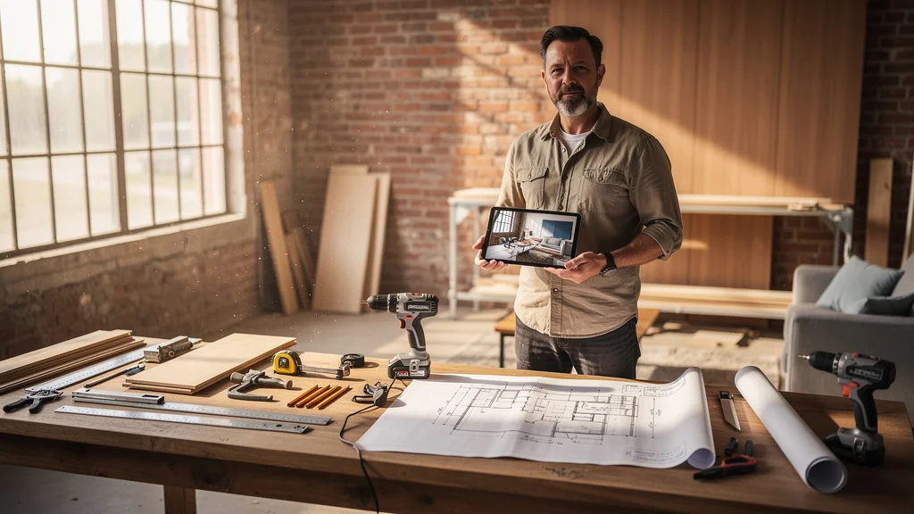 Espace de rénovation d'habitat avec plans, outils, et homme de 41 ans en réflexion, ambiance professionnelle pgdis