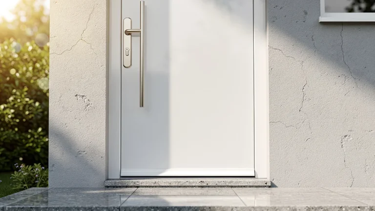 Porte en PVC moderne blanche avec poignée inox sur façade résidentielle contemporaine en lumière naturelle