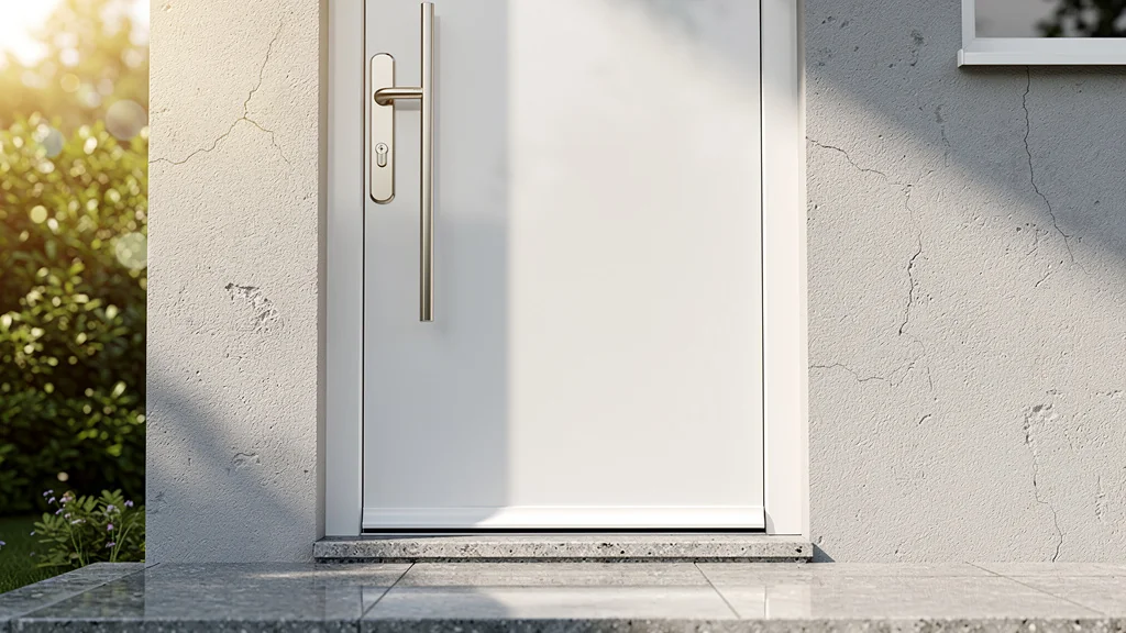 Porte en PVC moderne blanche avec poignée inox sur façade résidentielle contemporaine en lumière naturelle