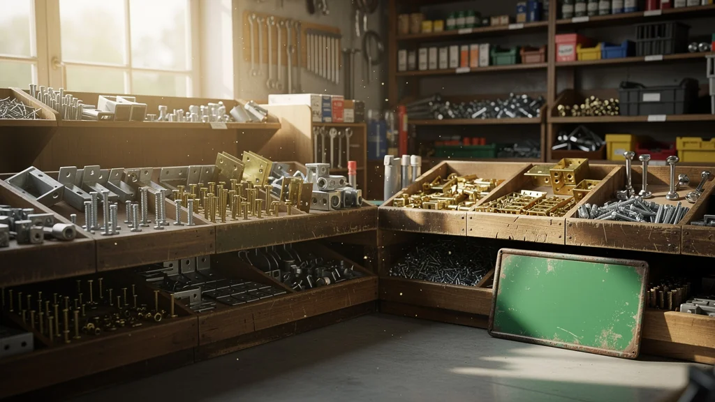 Intérieur ultra-réaliste d'une quincaillerie angle avec étagères en bois et outils métalliques bien rangés