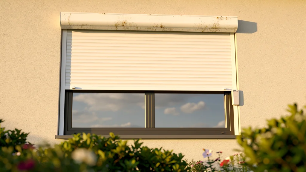 Réglage précis d’un volet roulant moderne blanc sur façade de maison contemporaine en extérieur