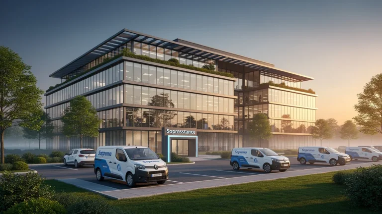 Bâtiment moderne Soprema avec véhicules Soprassistance dans un cadre industriel urbain au lever du jour