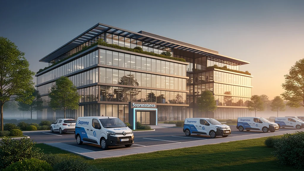 Bâtiment moderne Soprema avec véhicules Soprassistance dans un cadre industriel urbain au lever du jour