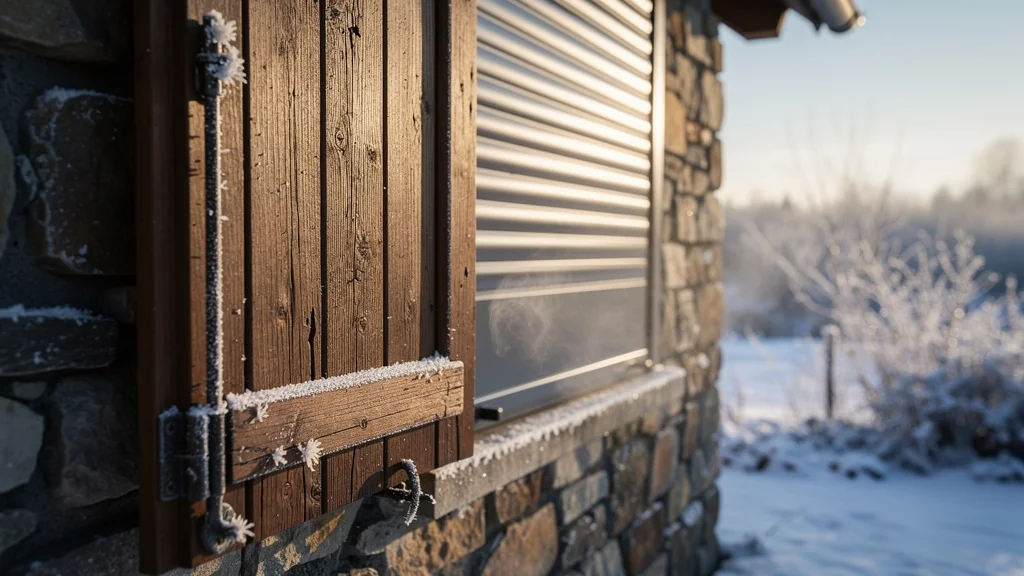 Comparaison hyperréaliste volet battant en bois et volet roulant métallique contre le froid en hiver