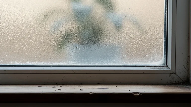 Buée prise entre deux vitres d’un vitrage condamné dans une maison, condensation visible et détaillée
