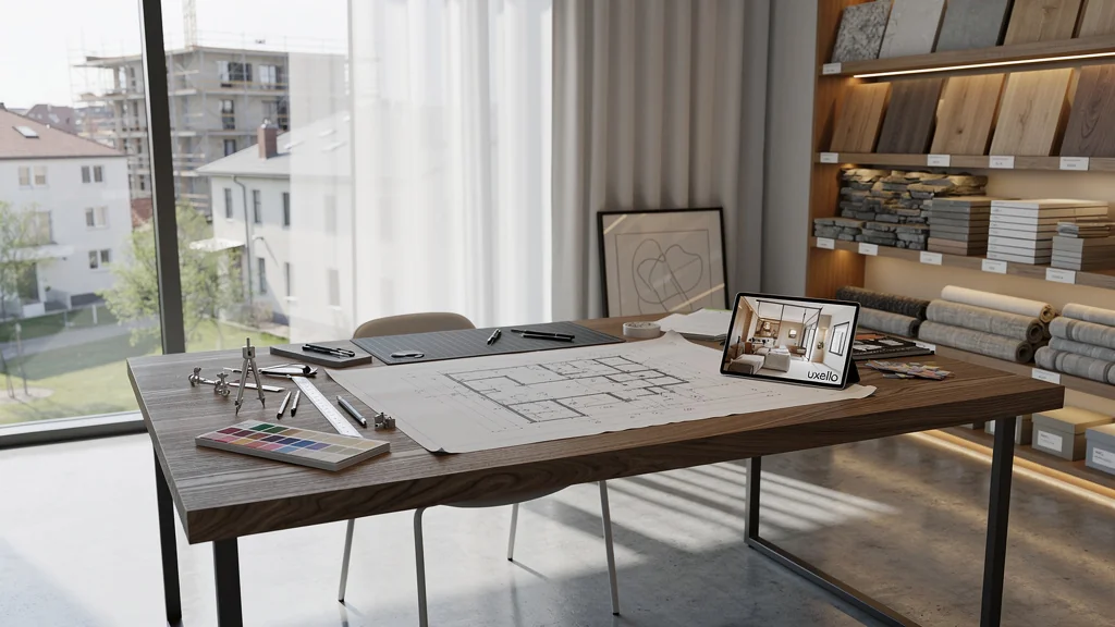 Espace de travail moderne et lumineux dédié à l'habitat et à la rénovation, ambiance professionnelle uxello