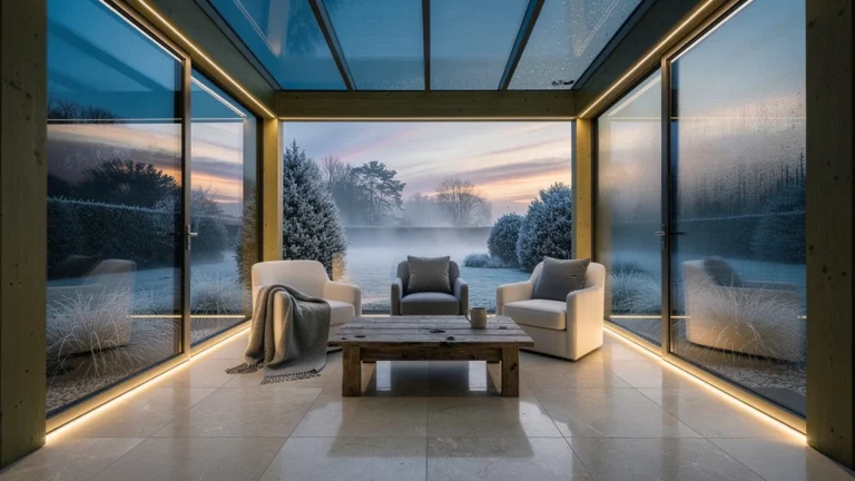 Véranda chauffée moderne avec lumière chaleureuse et ambiance cosy en soirée d'hiver